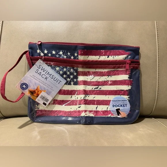 Swimsuit Sack with Front Zipper Pocket Touchscreen Compatible Top Zipper FLAG - Picture 2 of 11